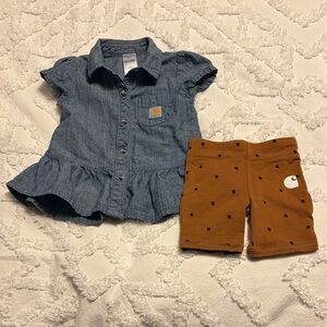 Carhartt Blue Chambray Ruffle Top and Brown Logo Biker Shorts, 12 months